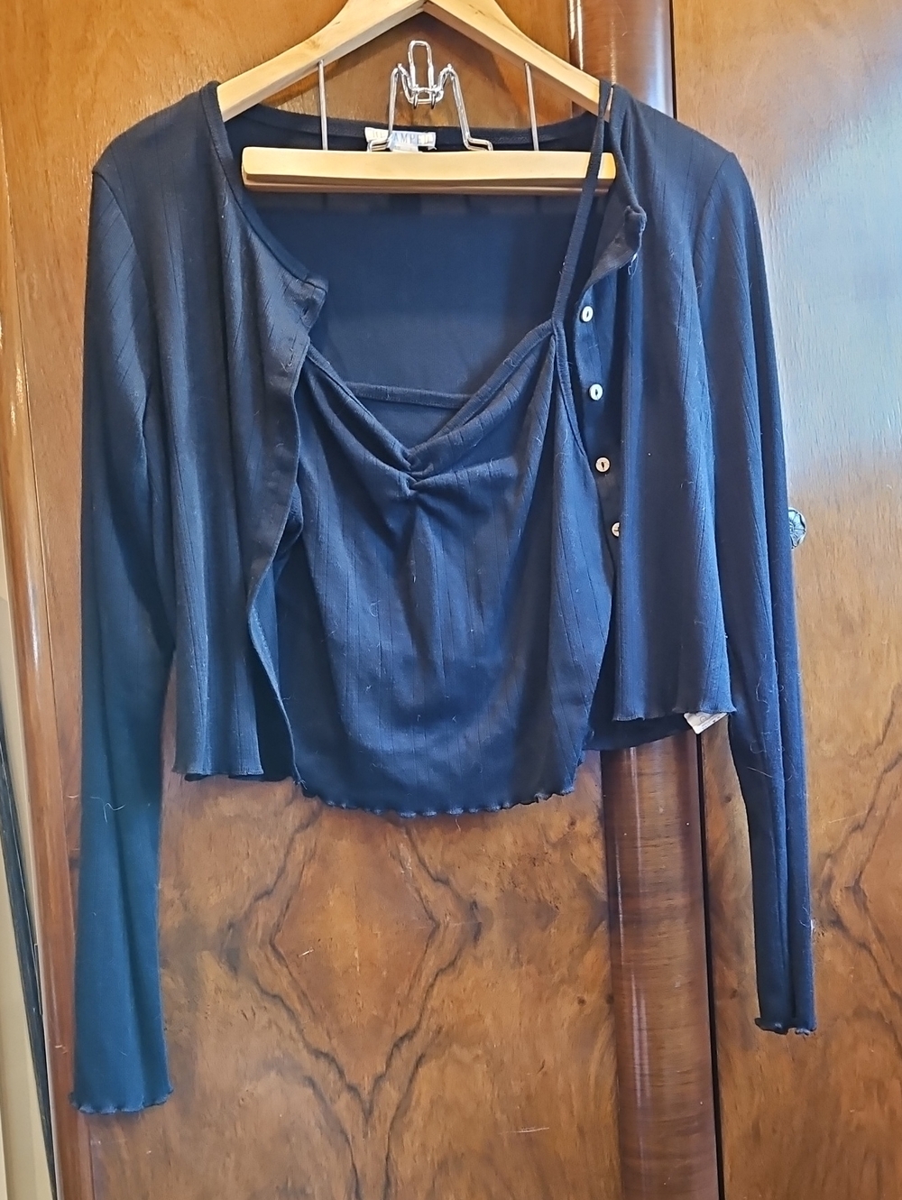 Women's Black Two-Piece Crop Tank & Cardigan Set - Size L